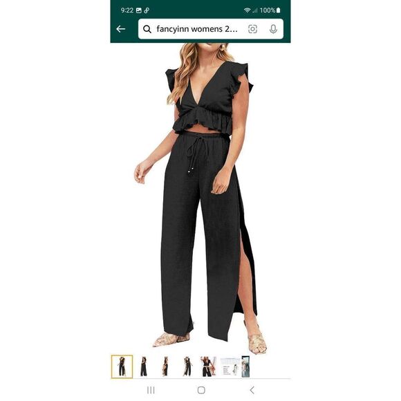 New Large Fancyinn Black 2pc VNeck Crop Top Side Slit Wide Leg Pants Outfit NWT - Picture 3 of 10